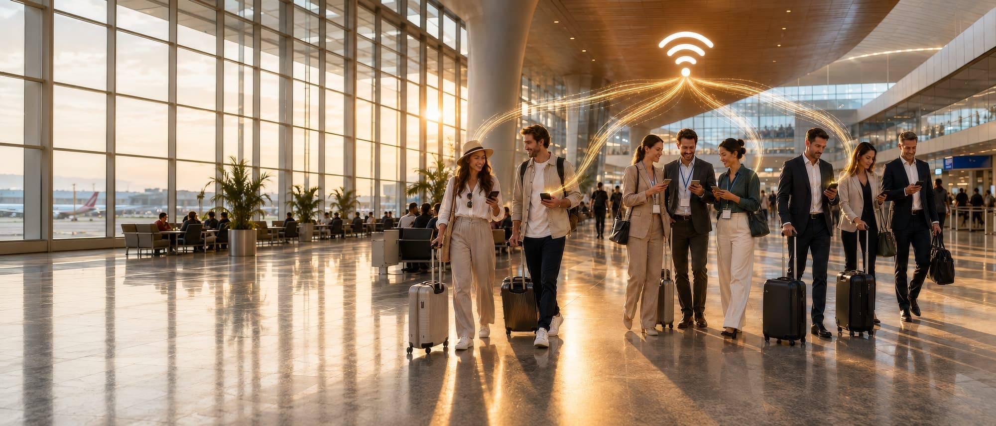 Havaalanında telefonlarını kullanan iş ve tur grubu yolcuları